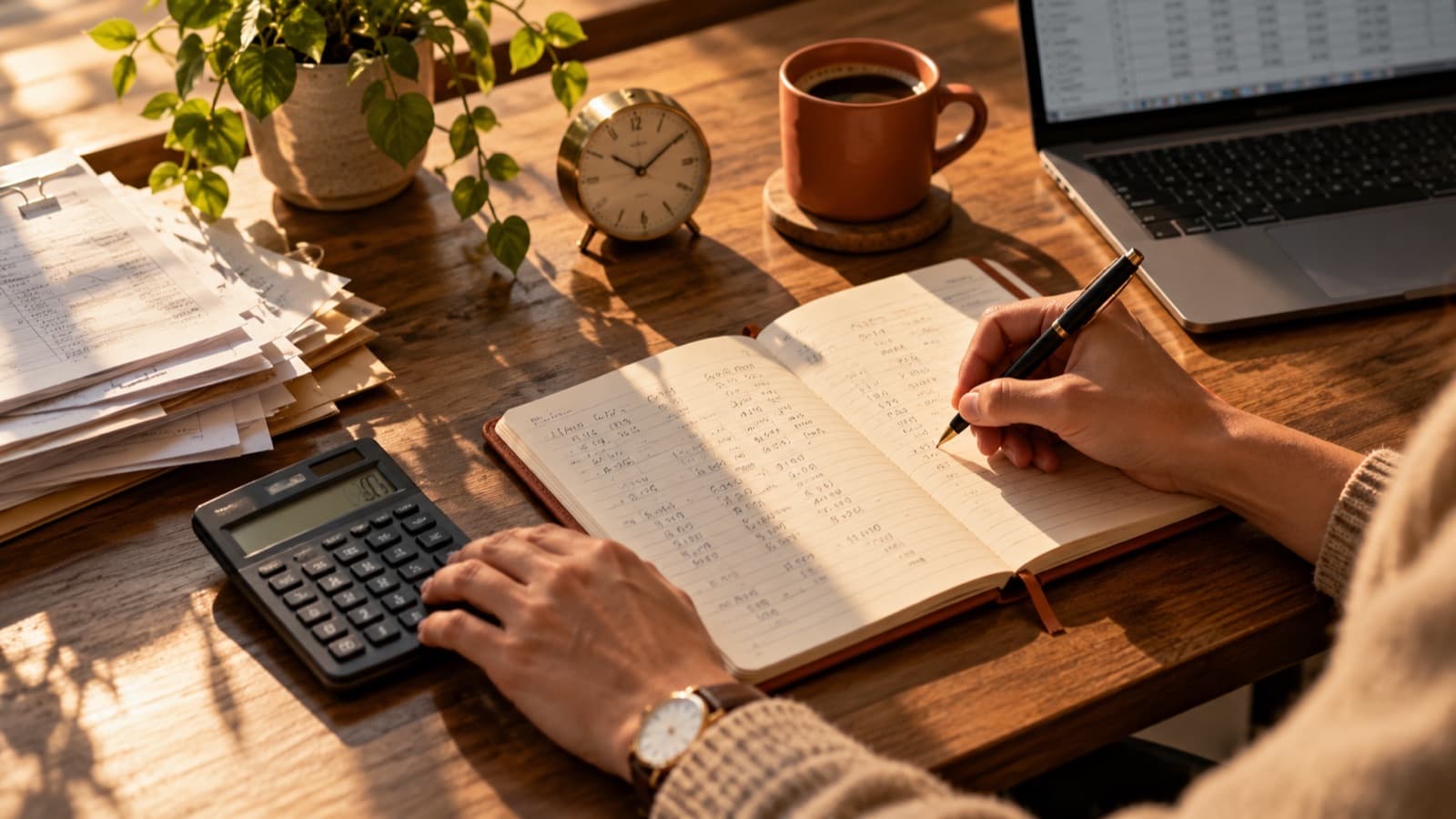 Hands working through calculations in a notebook beside a calculator, paperwork and a clock on a wooden desk in warm light.